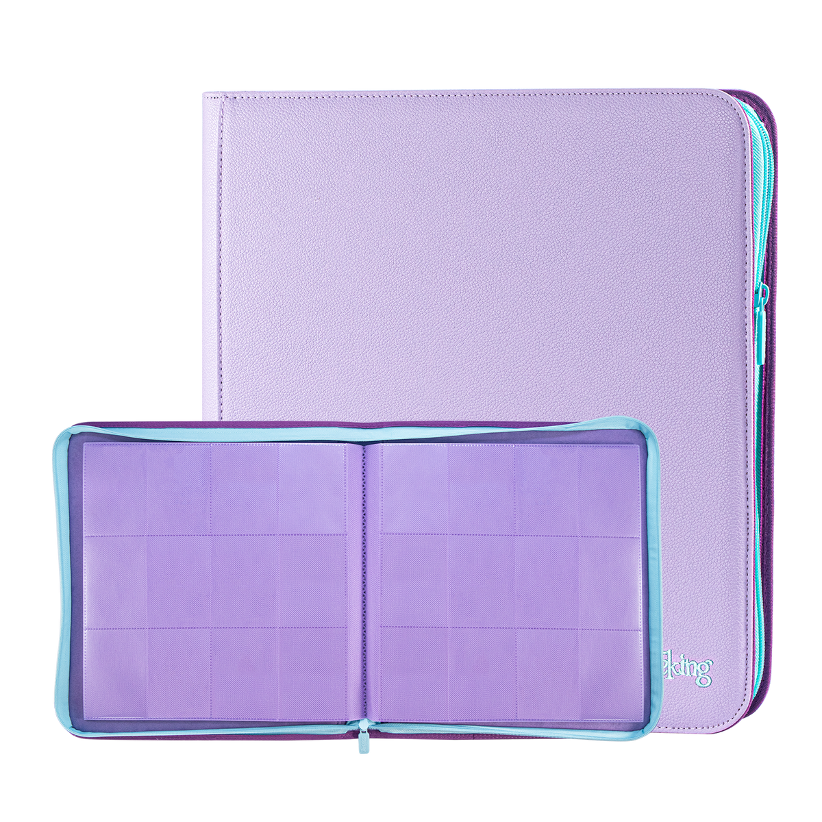 Sanseking AXIS-SK Purple 12-pocket binder open with matching closed binder