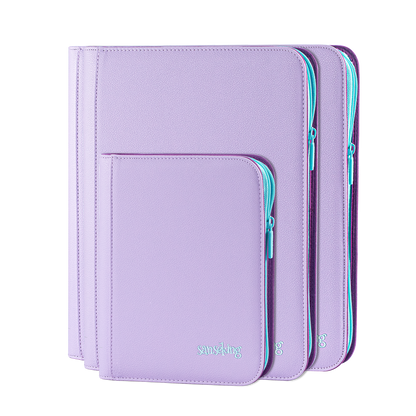 Sanseking AXIS-SK Purple 4-pocket, 9-pocket and 12-pocket binders stacked together