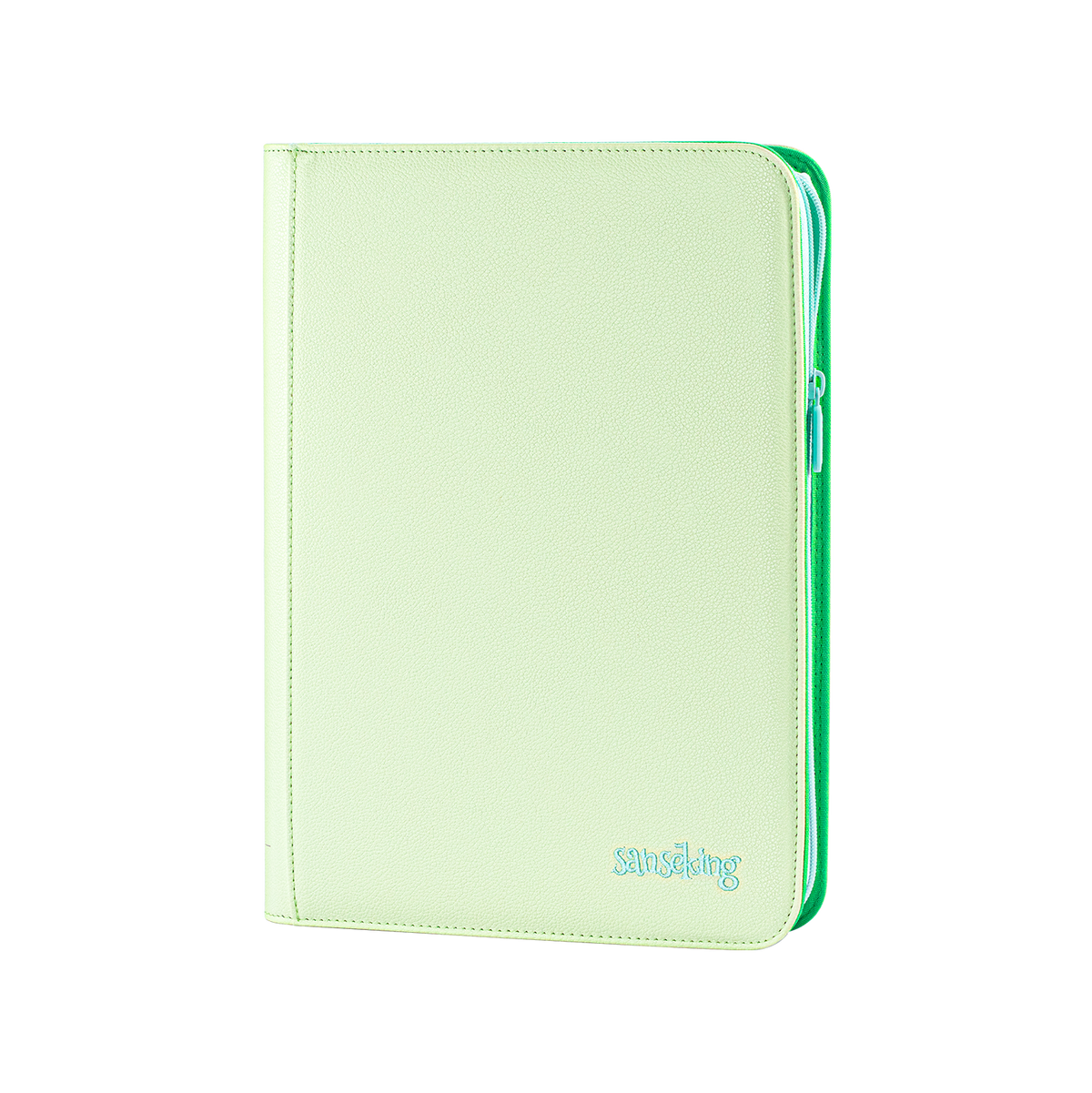 Sanseking AXIS-SK Light Green 9-pocket trading card binder angled front view