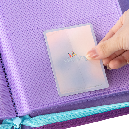 Sanseking AXIS-SK Purple 12-pocket trading card binder card being loaded into a pocket