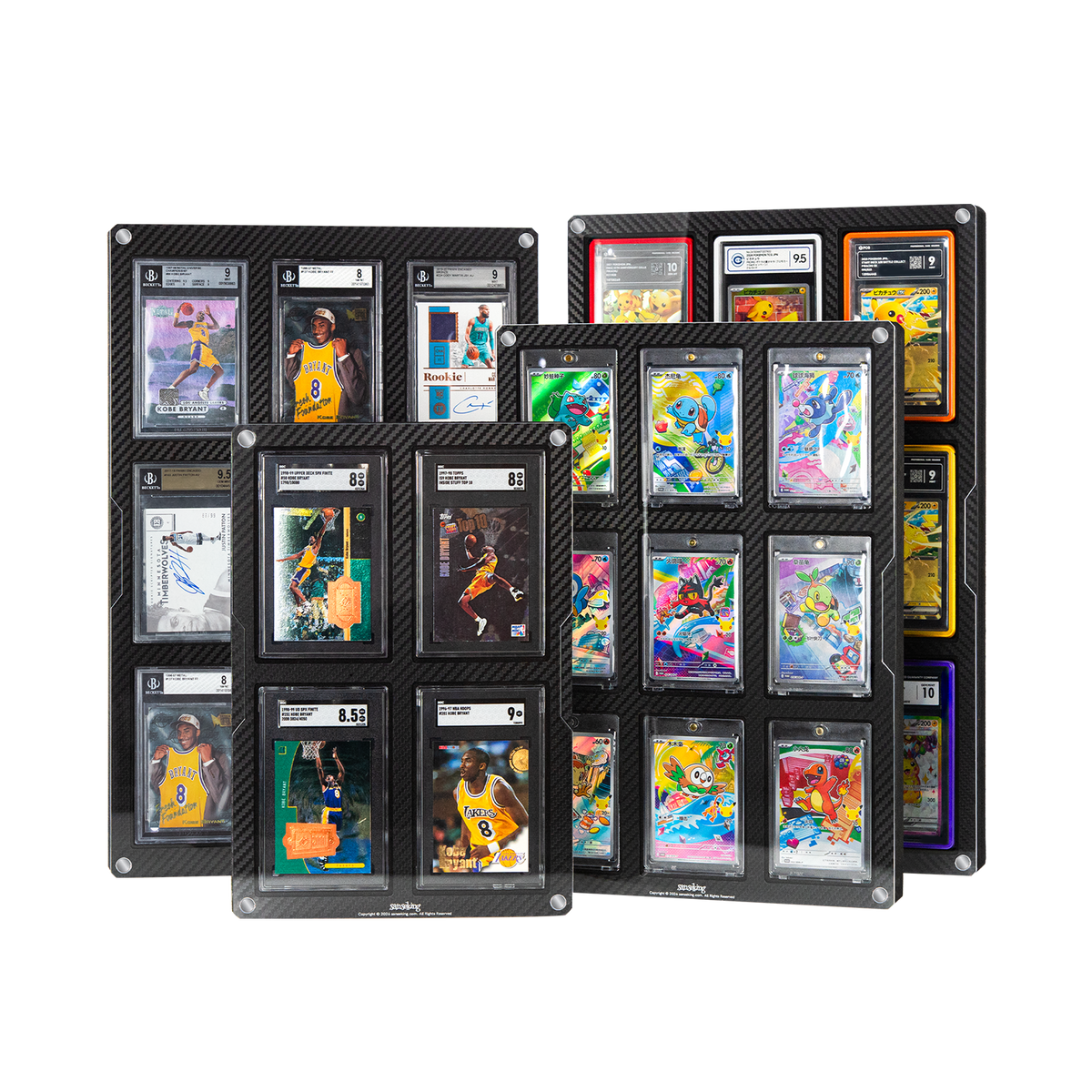 Four Sanseking carbon-fiber-finish card display frame configurations