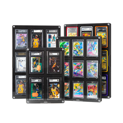 Four Sanseking carbon-fiber-finish card display frame configurations