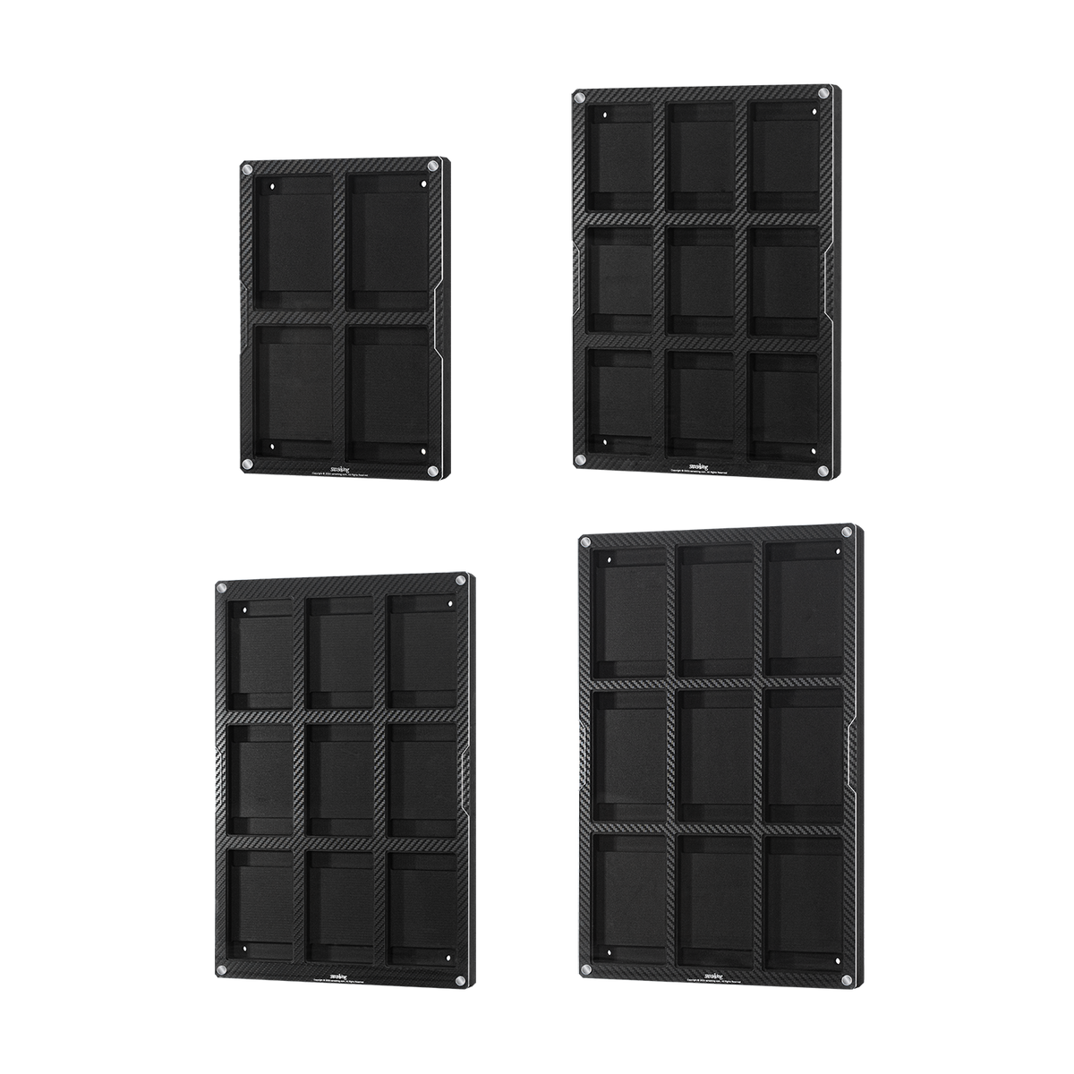 Back layouts of four carbon-fiber-finish display frame configurations