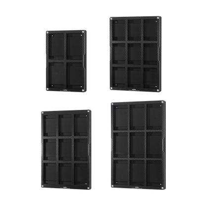 Back layouts of four carbon-fiber-finish display frame configurations