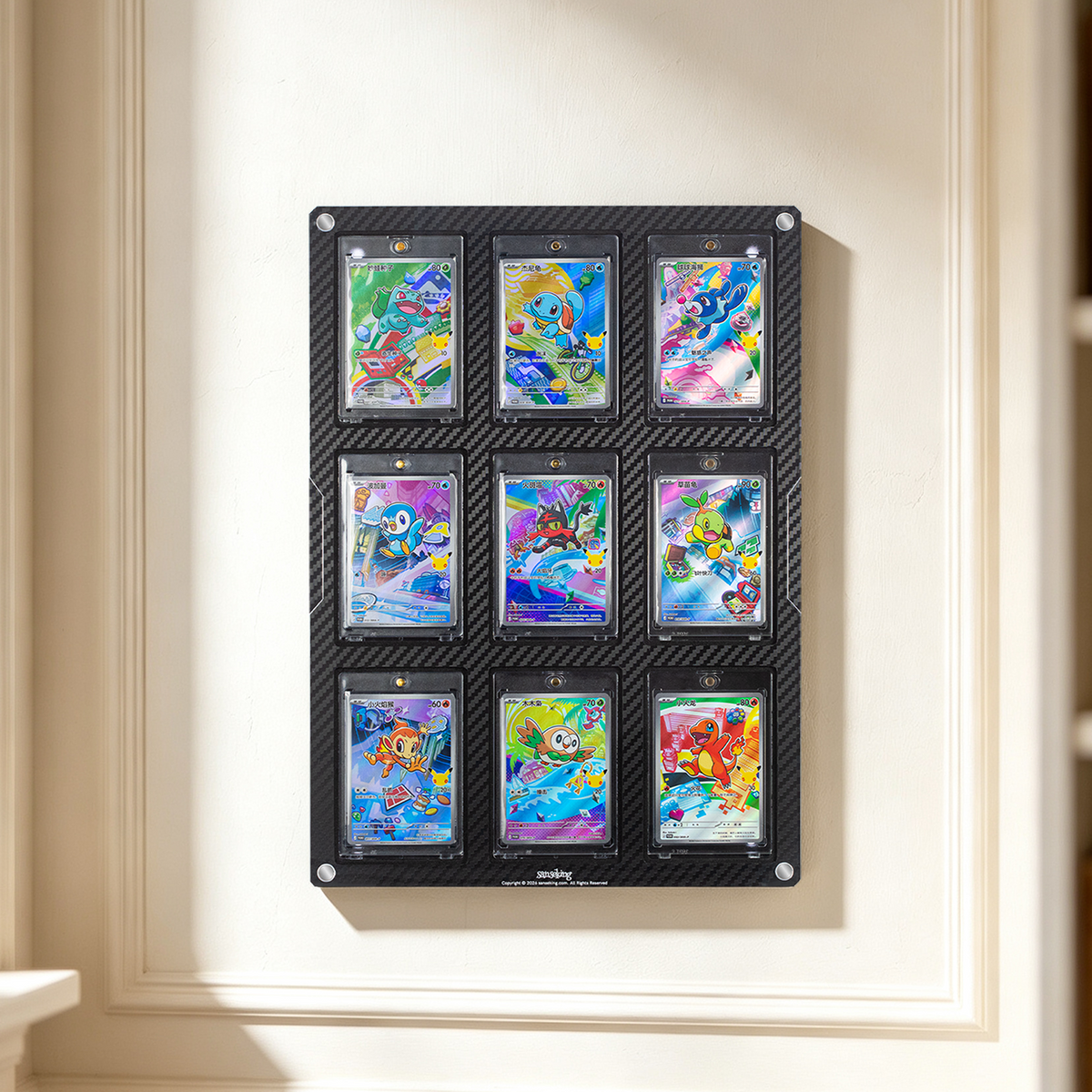 9-slot magnetic card holder display frame mounted on a wall