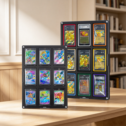 Two 9-slot carbon-fiber-finish card display frames on a shelf