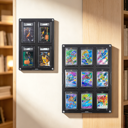 4-slot and 9-slot carbon-fiber-finish card display frames on a wall