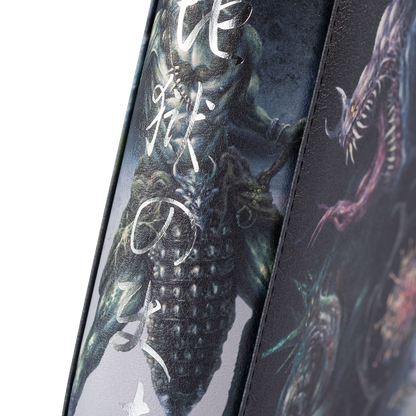 Close-up of the illustrated Hellbringer binder spine