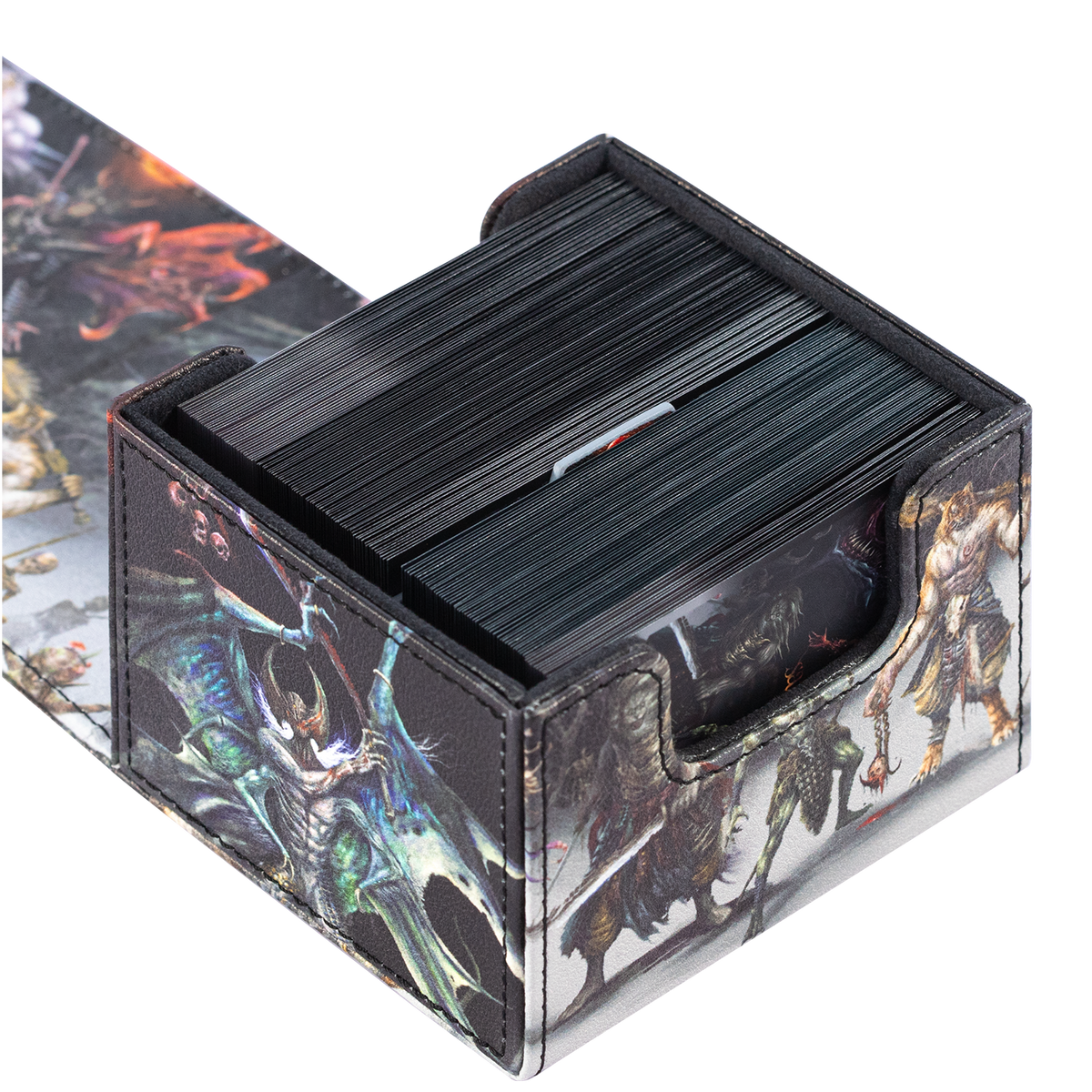 Top view of sleeved cards stored in the Hellbringer deck box