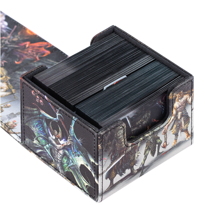 Top view of sleeved cards stored in the Hellbringer deck box