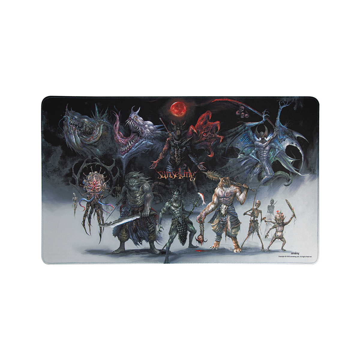 Full dark fantasy artwork on the Hellbringer playmat