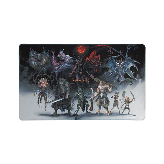 Full dark fantasy artwork on the Hellbringer playmat