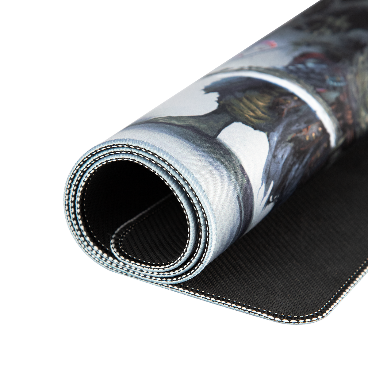 Hellbringer playmat rolled to show its stitched edge