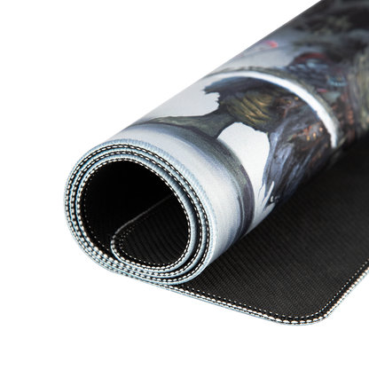 Hellbringer playmat rolled to show its stitched edge