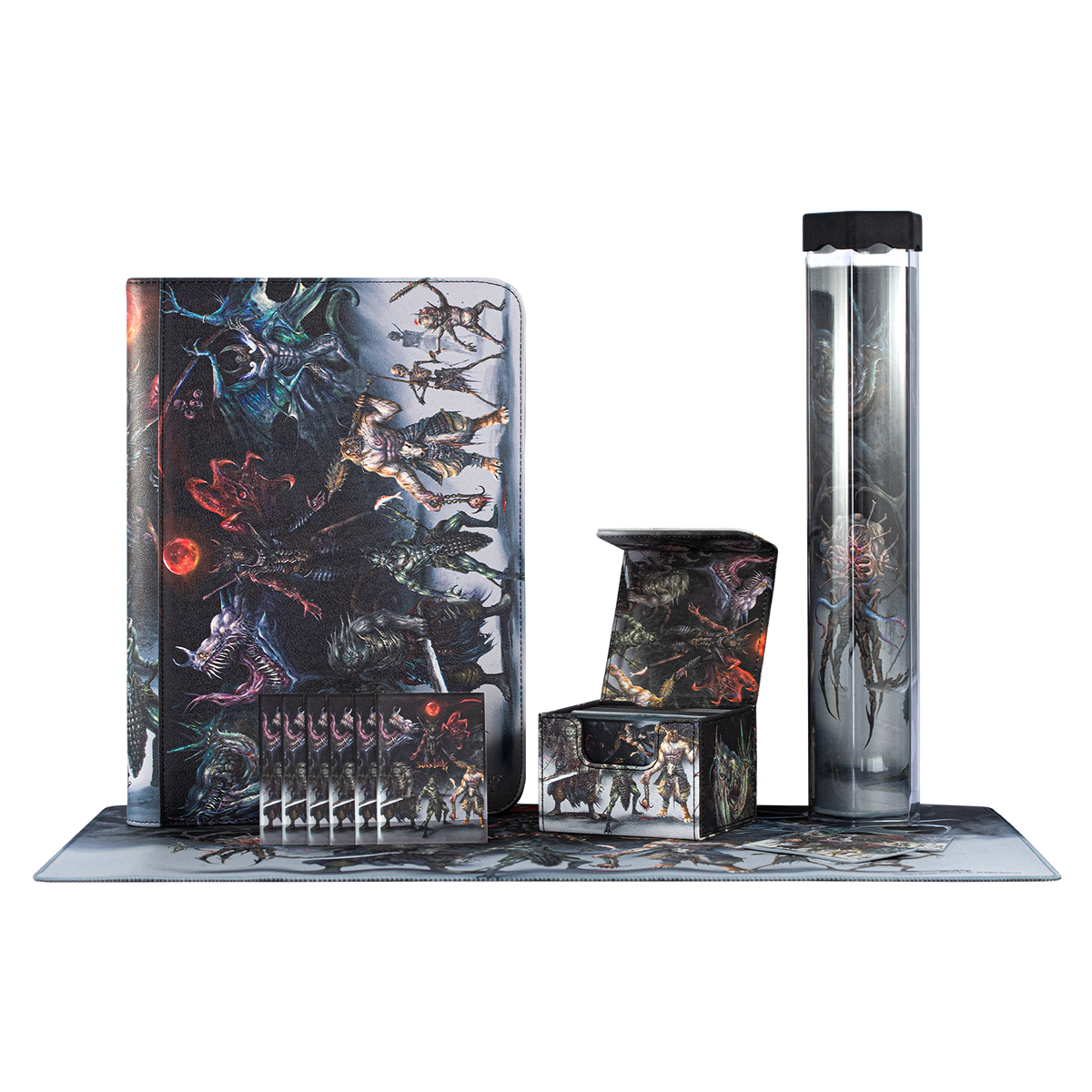 Hellbringer Series binder, deck box, card sleeves and rolled playmat lineup