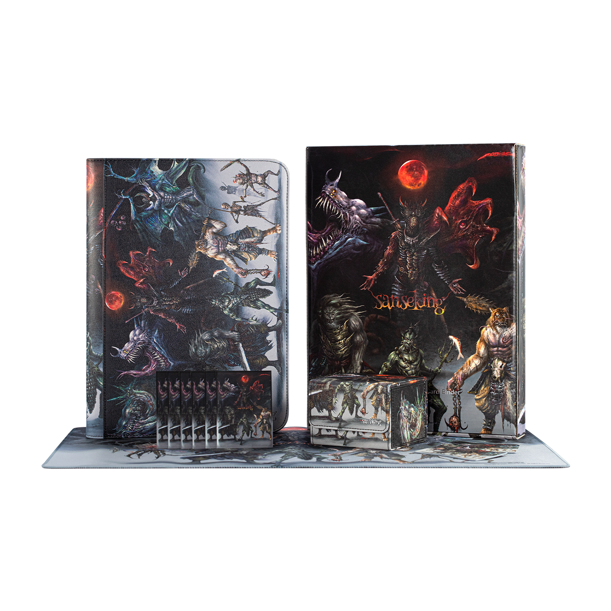 Hellbringer Series binder, deck box, playmat and card sleeves packaging display