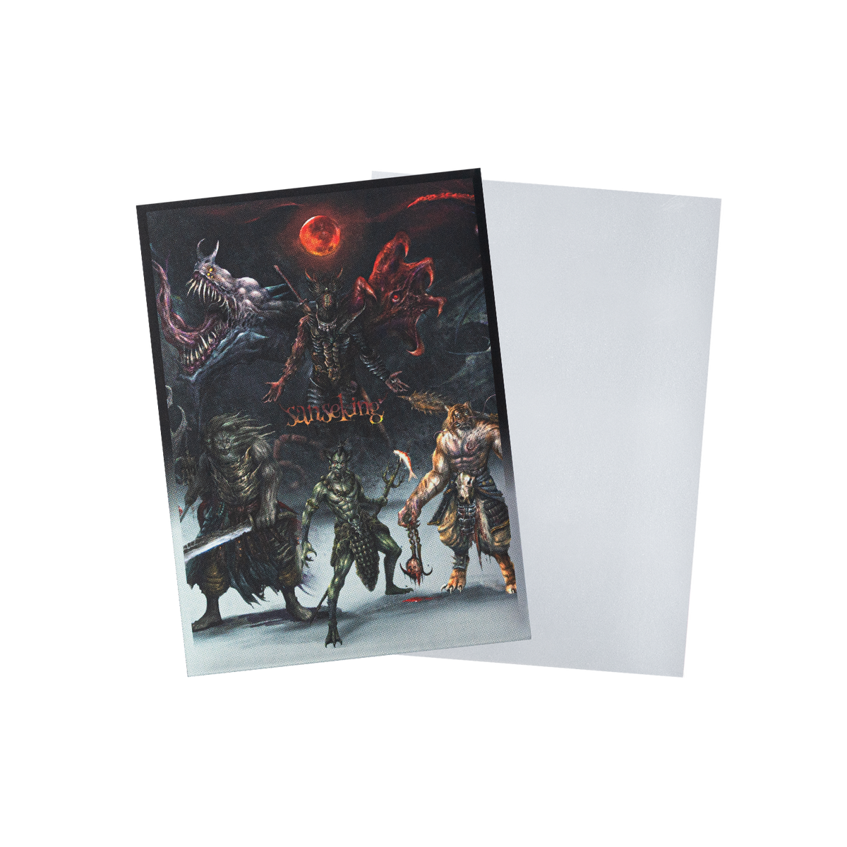Printed back and clear front of Hellbringer card sleeves
