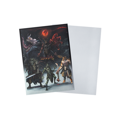 Printed back and clear front of Hellbringer card sleeves