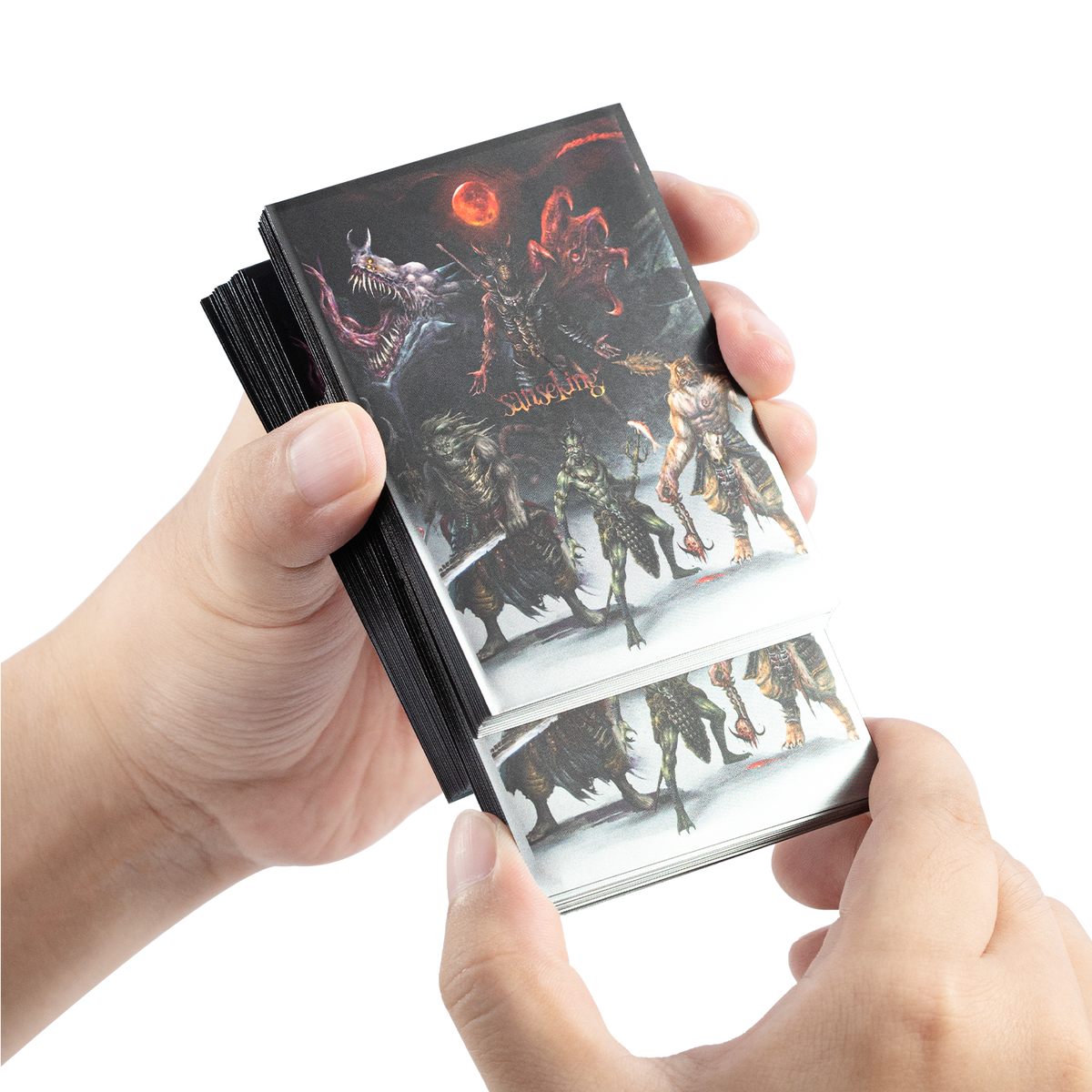 Hellbringer card sleeves shown during a shuffle