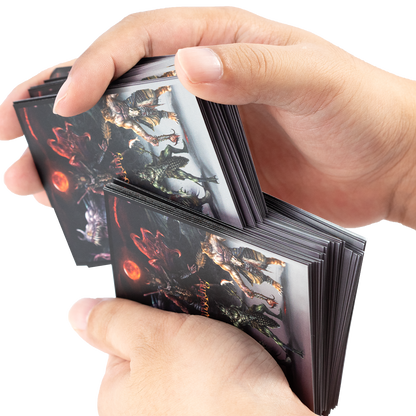 Hands shuffling trading cards in Hellbringer sleeves