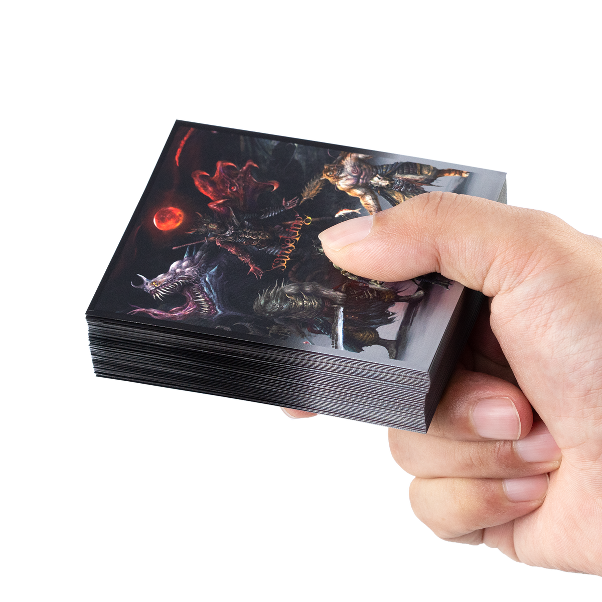 Stack of Hellbringer art card sleeves with printed backs