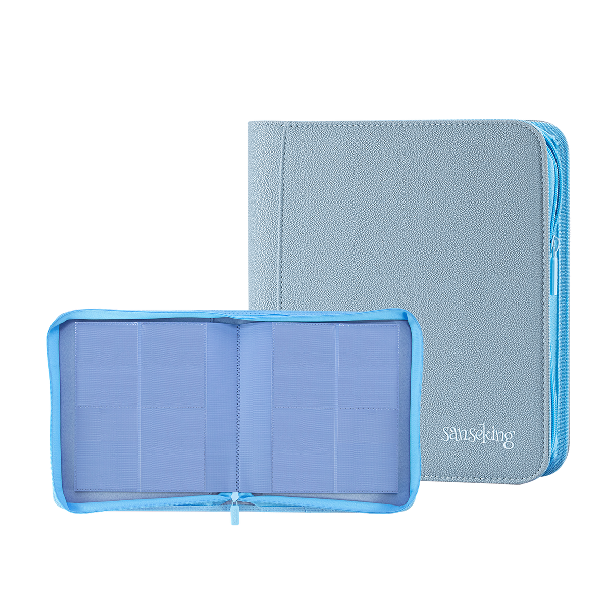 Sanseking PORT Blue 4-pocket toploader binder open transparent pages