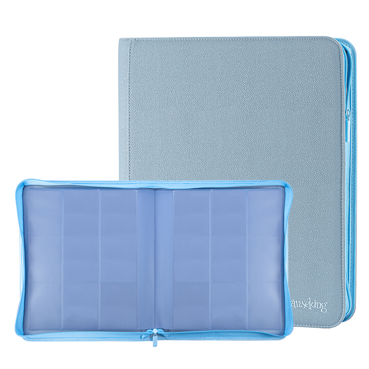 Sanseking PORT Blue 9-pocket toploader binder open transparent pages