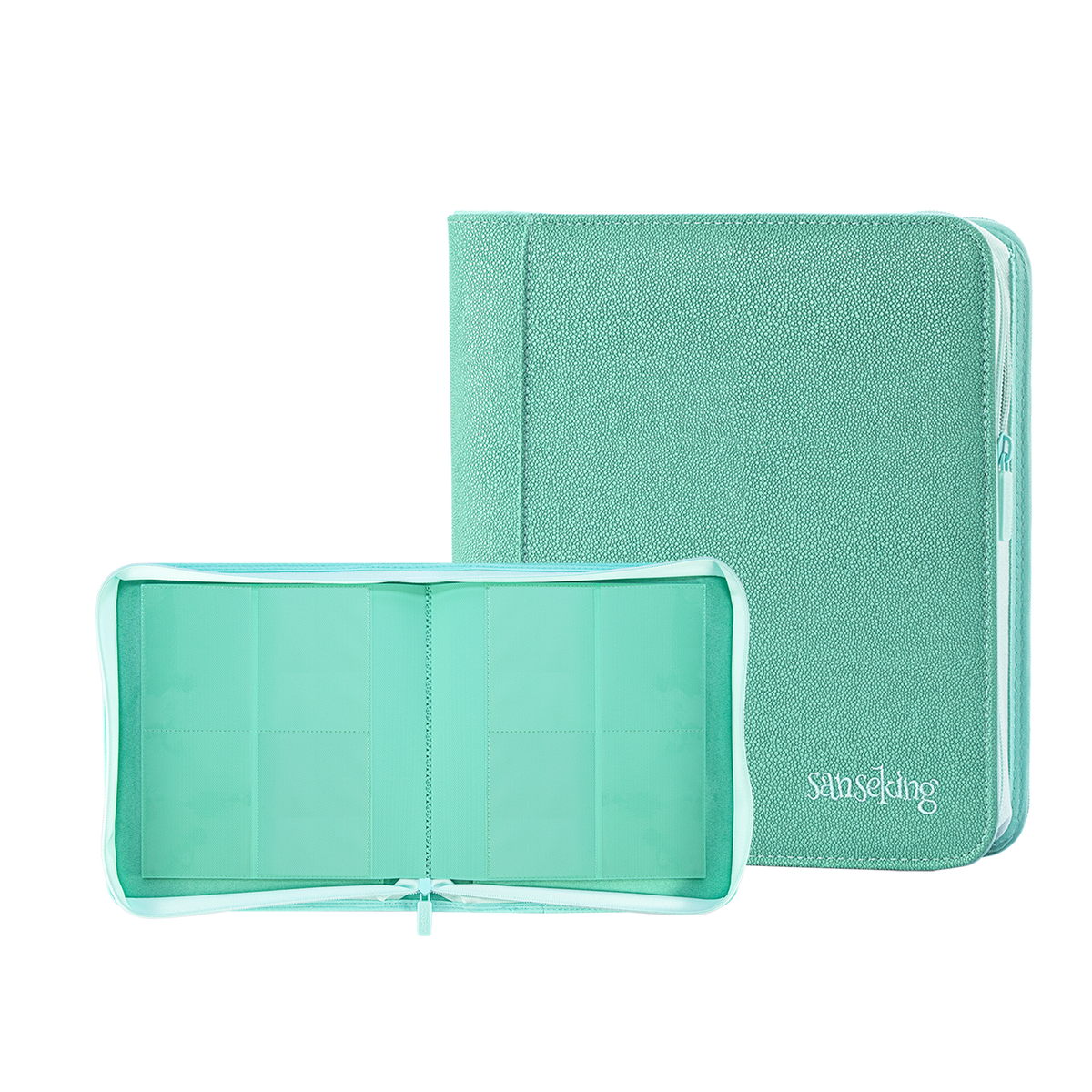 Sanseking PORT Green 4-pocket toploader binder open transparent pages