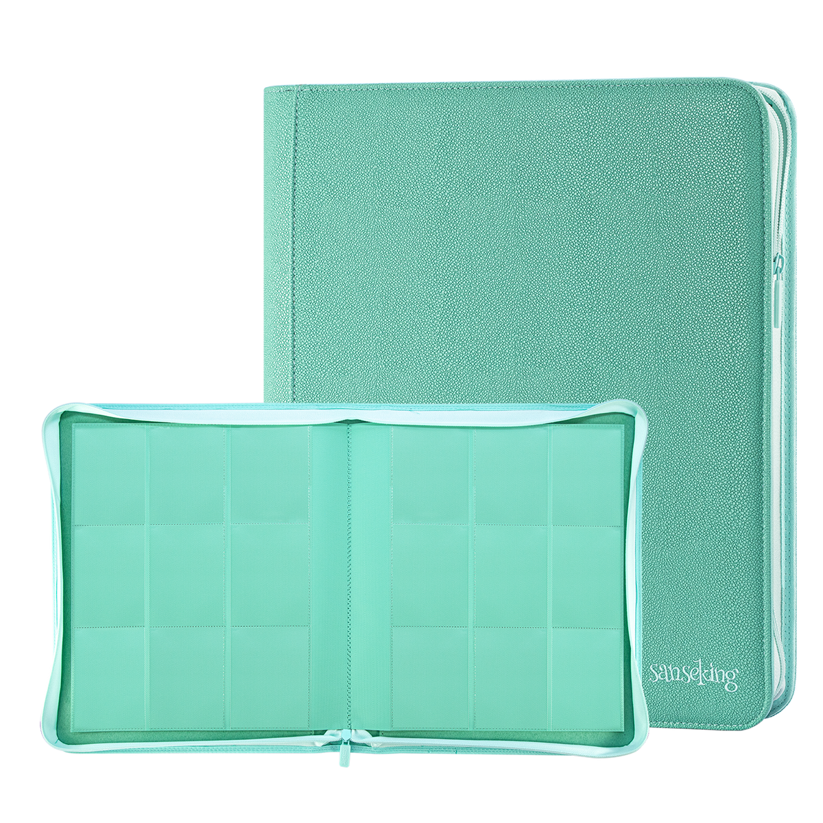 Sanseking PORT Green 9-pocket toploader binder open transparent pages
