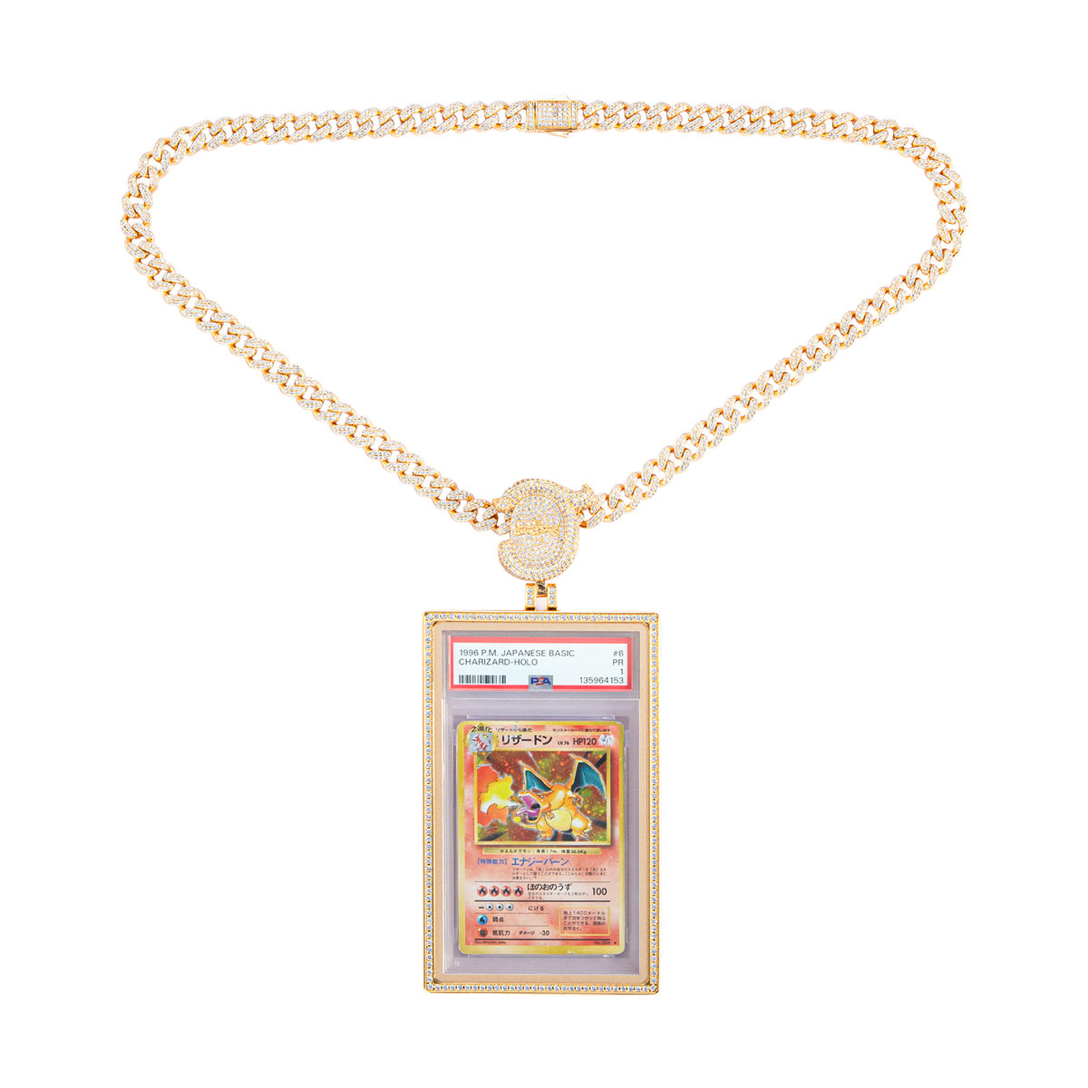 Sanseking Radiance gold pendant case necklace holding a PSA graded card
