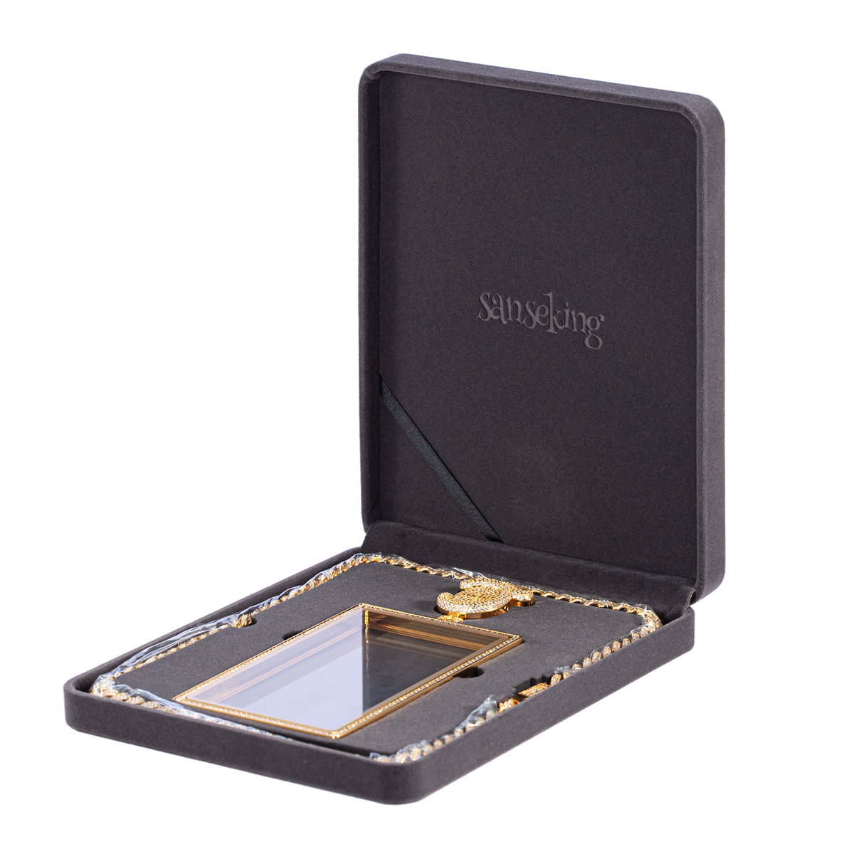 Angled view of open Radiance pendant case presentation box