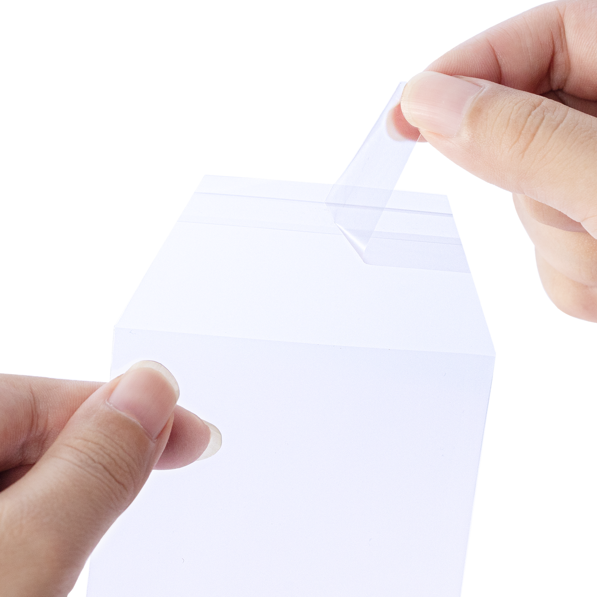 Close-up of the resealable adhesive flap on a clear semi-rigid card holder sleeve