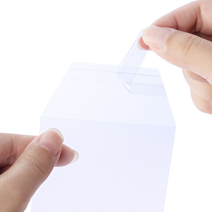 Close-up of the resealable adhesive flap on a clear semi-rigid card holder sleeve