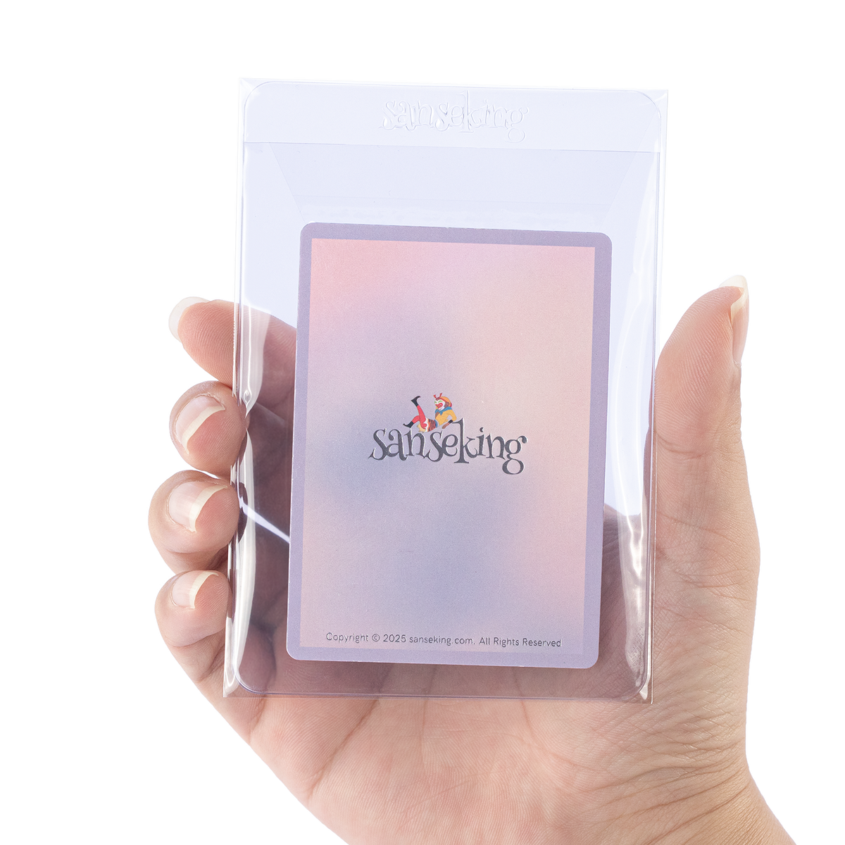 Semi-rigid card holder protected inside a clear resealable sleeve held in one hand