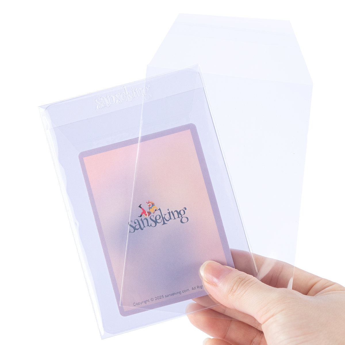Semi-rigid card holder inside a clear protective sleeve with the flap open