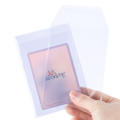 Semi-rigid card holder inside a clear protective sleeve with the flap open